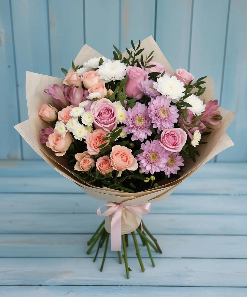 Букет цветов из: Хризантемы, Розы и Альстромерии в Ширяево