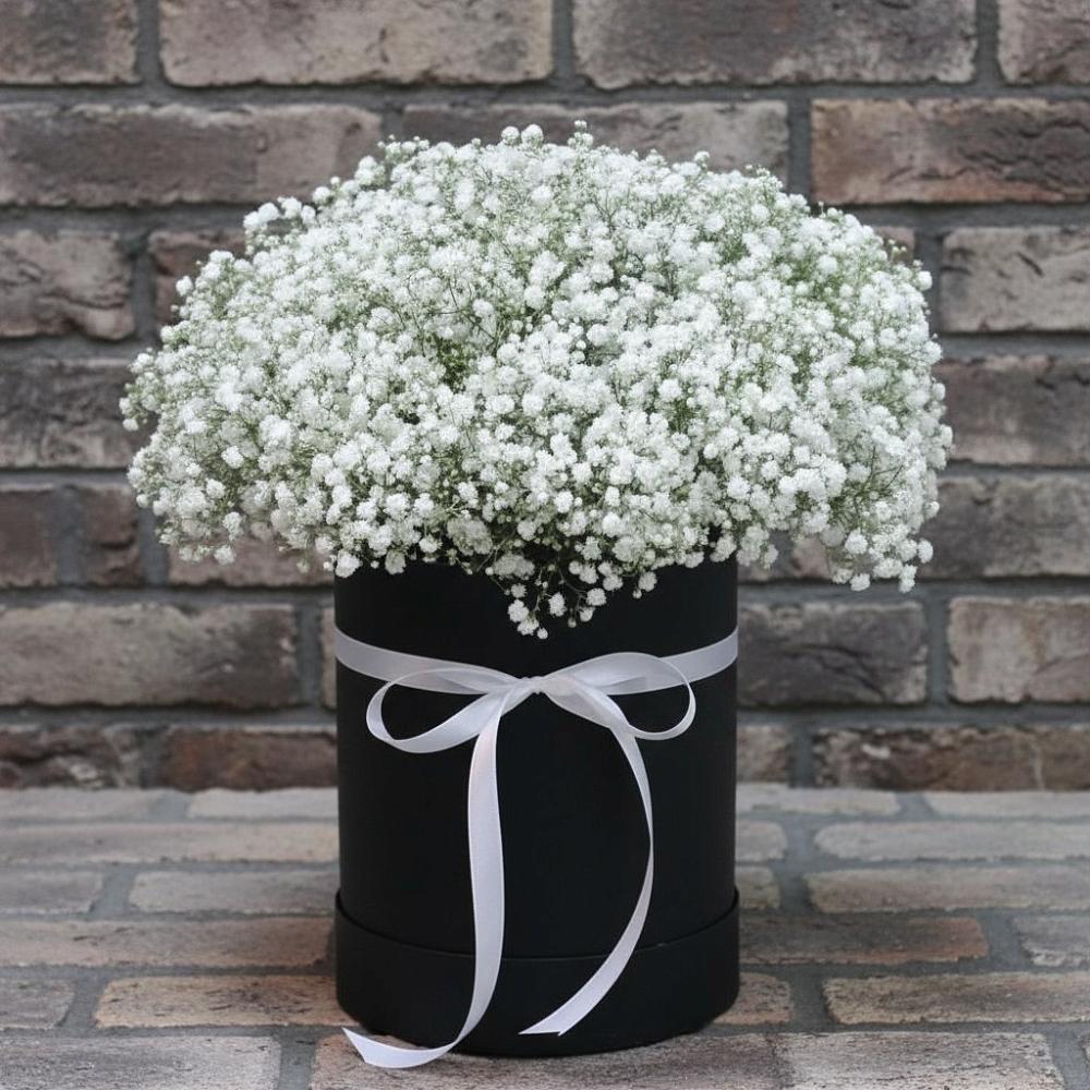 Цветочная композиция из Гипсофила в шляпной коробке в Ширяево