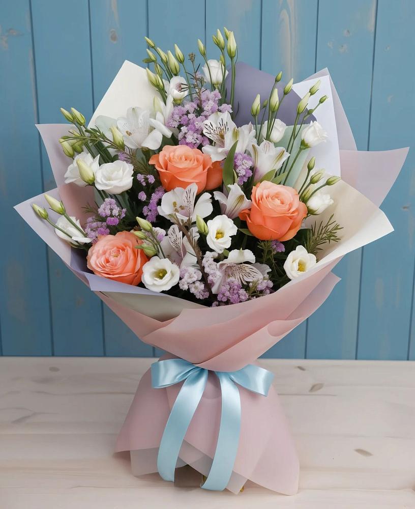 Букет цветов из: Лизиантусы, Розы, Альстромерии и Гипсофила в Ширяево