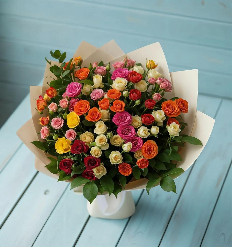 Букет Микс из разноцветных кустовых роз в Ширяево