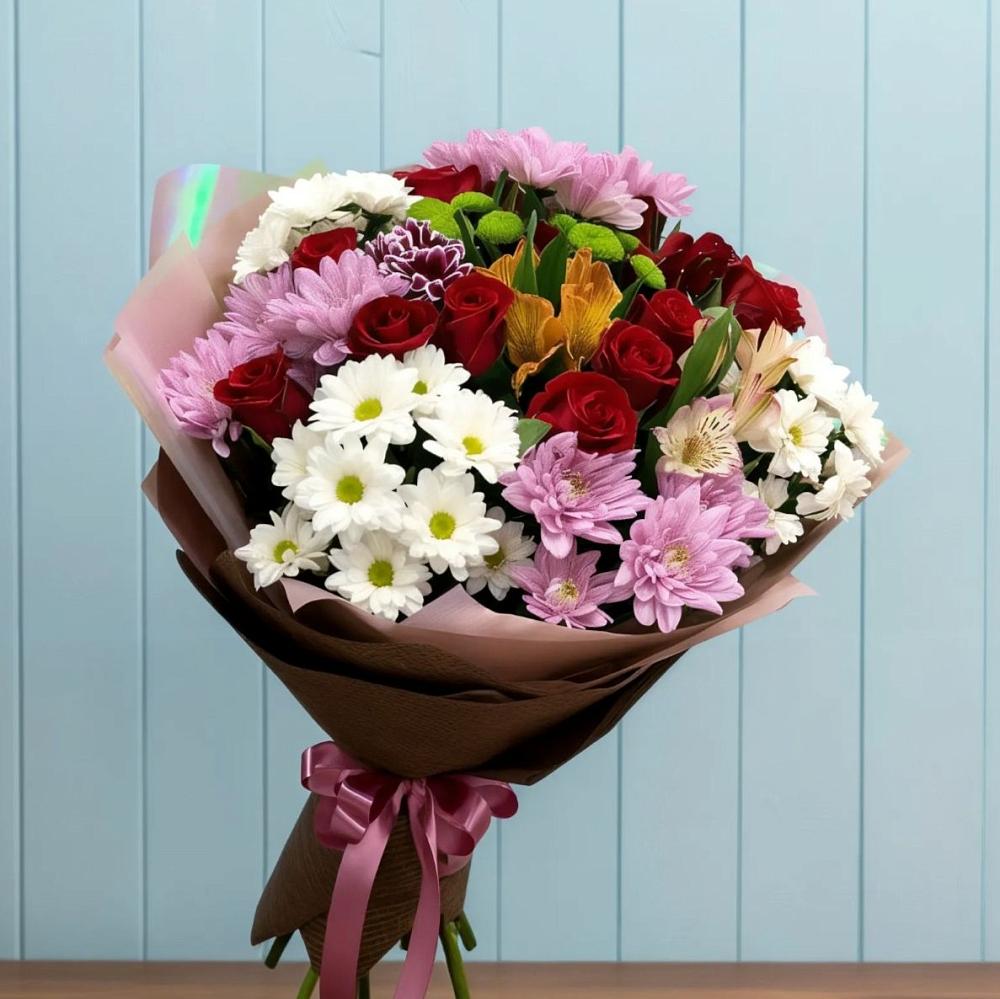 Букет цветов из: Розы, Хризантемы и Альстромерии в Ширяево