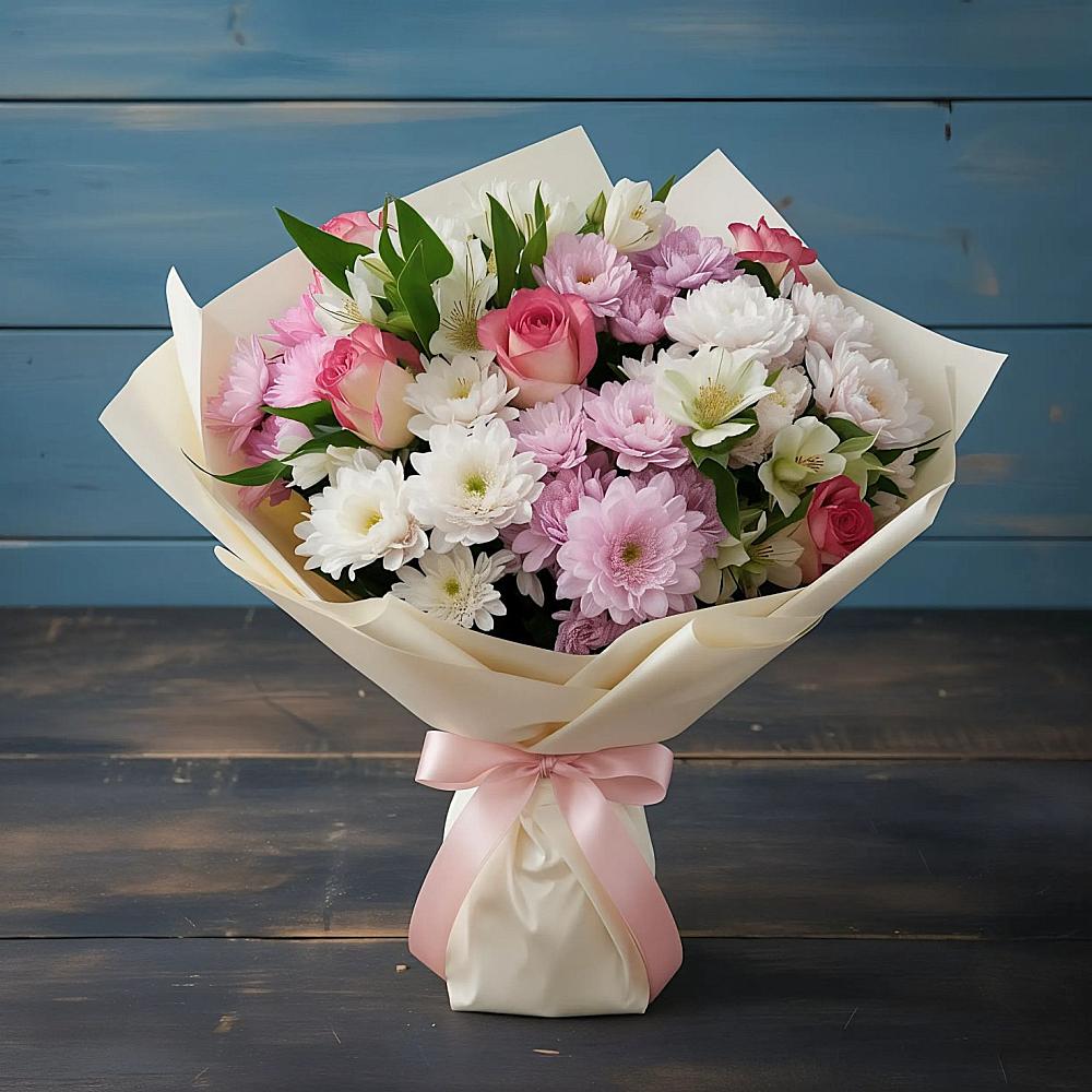 Букет цветов из: Хризантемы, Альстромерии и Розы в Ширяево